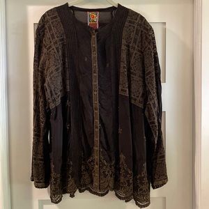 JOHNNY WAS EUC chocolate Brown Embroidered Blouse X-Large